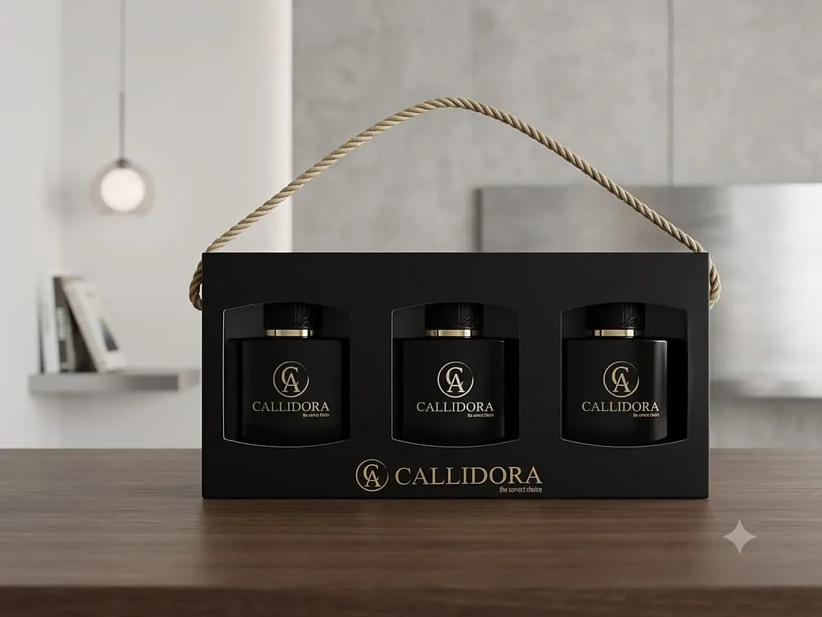 Coffret cadeau Callidora noir avec trois flacons de parfum